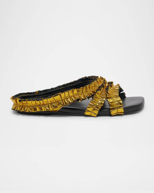 Metallic Ruche Ruffled Leather Flat Sandals